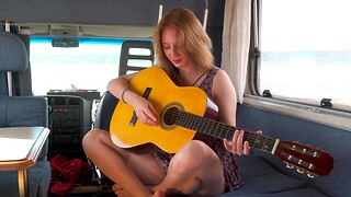 Cute Emma Korti plays a guitar before masturbating respecting the RV