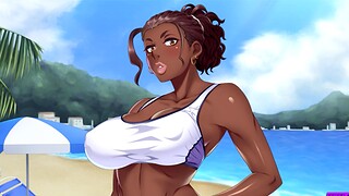 Busty black chick drools on a tidbit cock on the beach